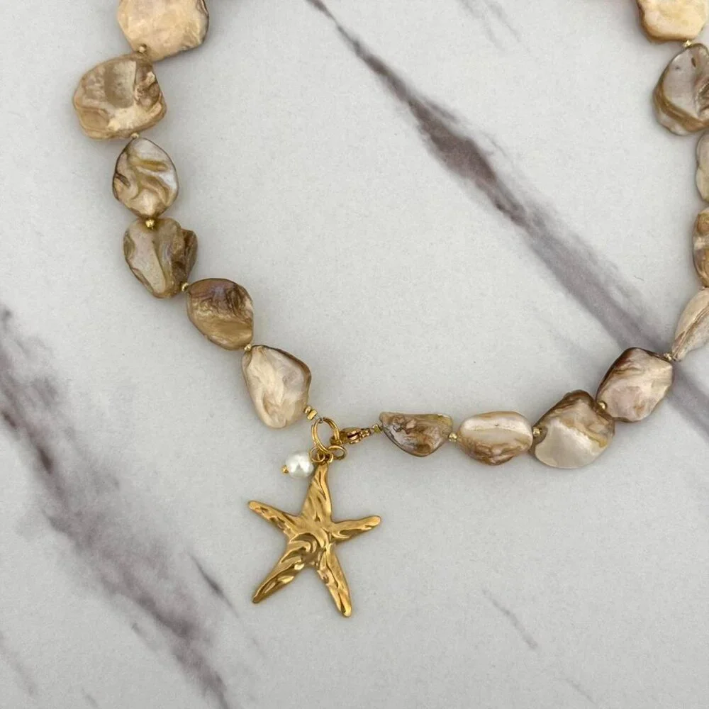 Sku:0178 vintage vibe necklace a gold pendant starfish natural cream pearl stone - Picture 4 of 5